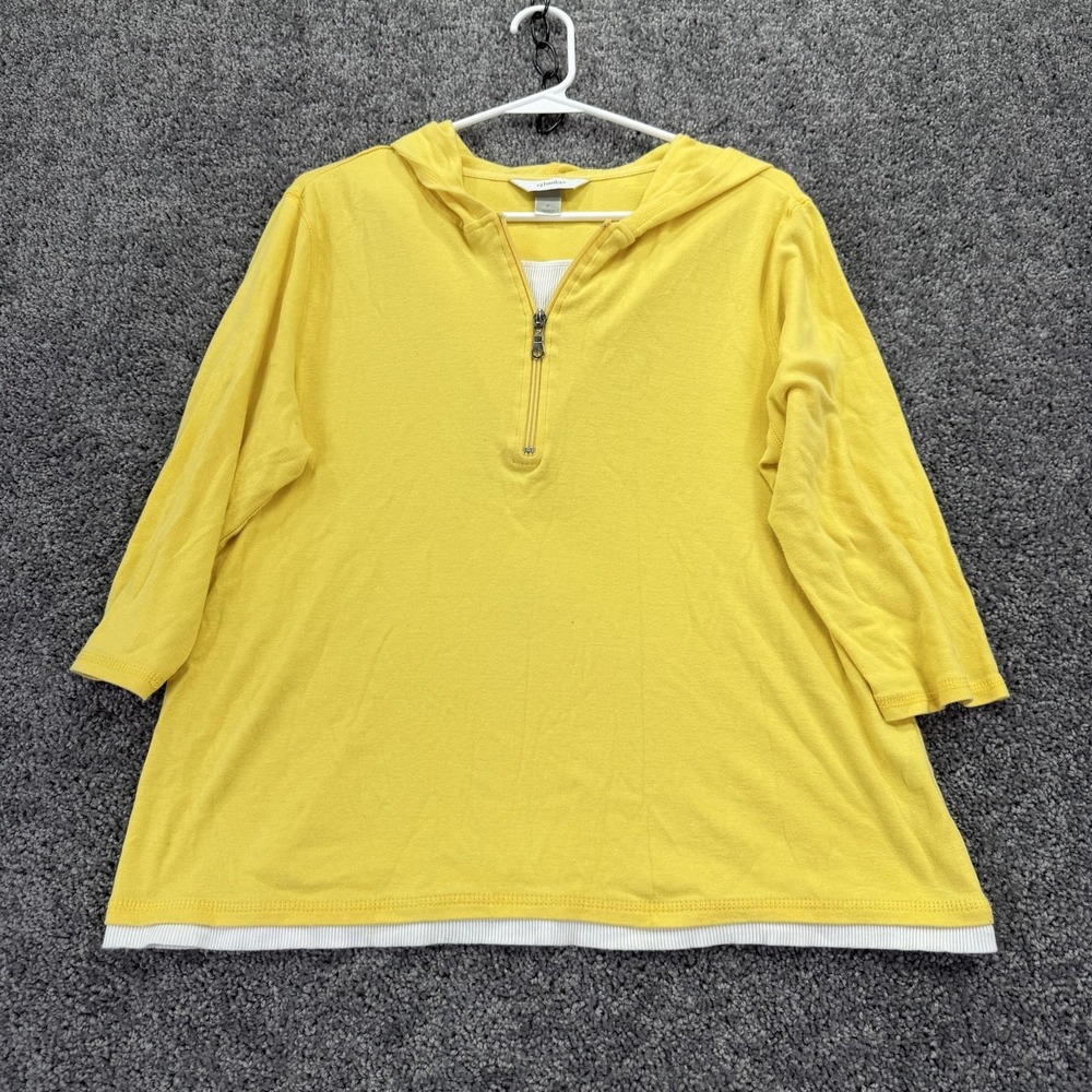 CJ Banks Shirt Womens X Yellow Hooded 3/4 Sleeve 1/2 Zip Tunic Top Casual Spring